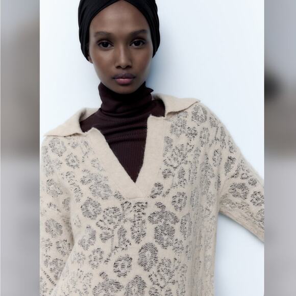 Zara POINTELLE KNIT POLO DRESS Size Large - Picture 4 of 9